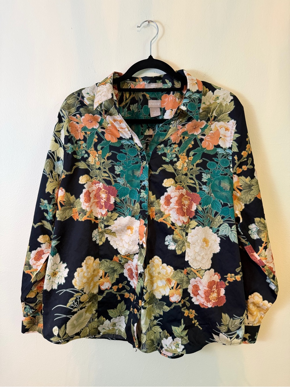 Chico's Black Floral Button-Down Shirt with Green and Cream Blooms